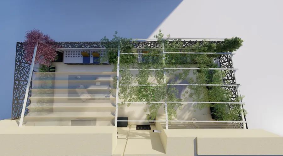 Render di progetto 3D Terrazzo con due pergotende affiancante e una pergola in ferro battuto con rampicanti verdi